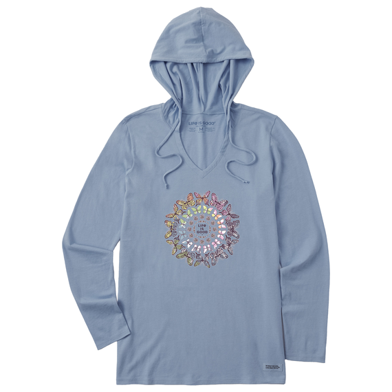 Women's Tie Dye Butterfly Daisy Mandala Long Sleeve Crusher-LITE Hooded Tee