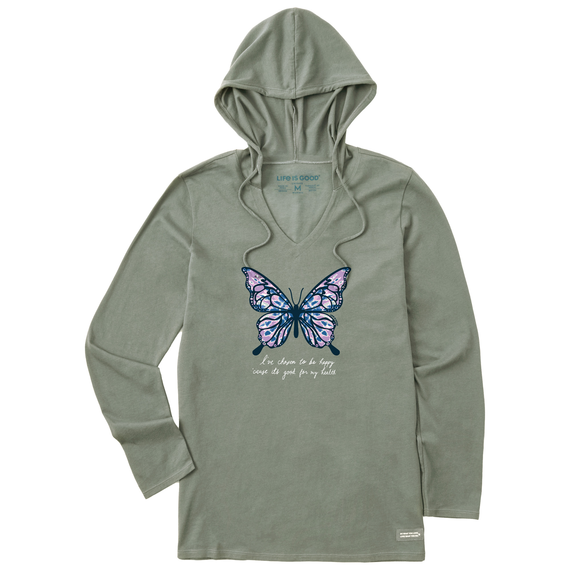 Women's Tie Dye Butterfly Happy Long Sleeve Crusher-LITE Hooded Tee