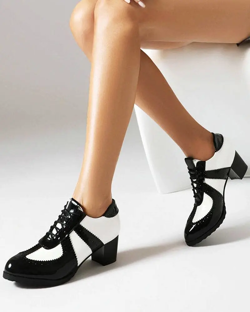 Women's Brogue Style Lace-up Color Block Block Heels