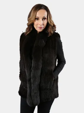 Women's Brown Knit Mink Fur Vest with Fox Trim - Day Furs