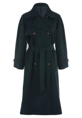 Womens Dark Green Button Wrap Belted Coat