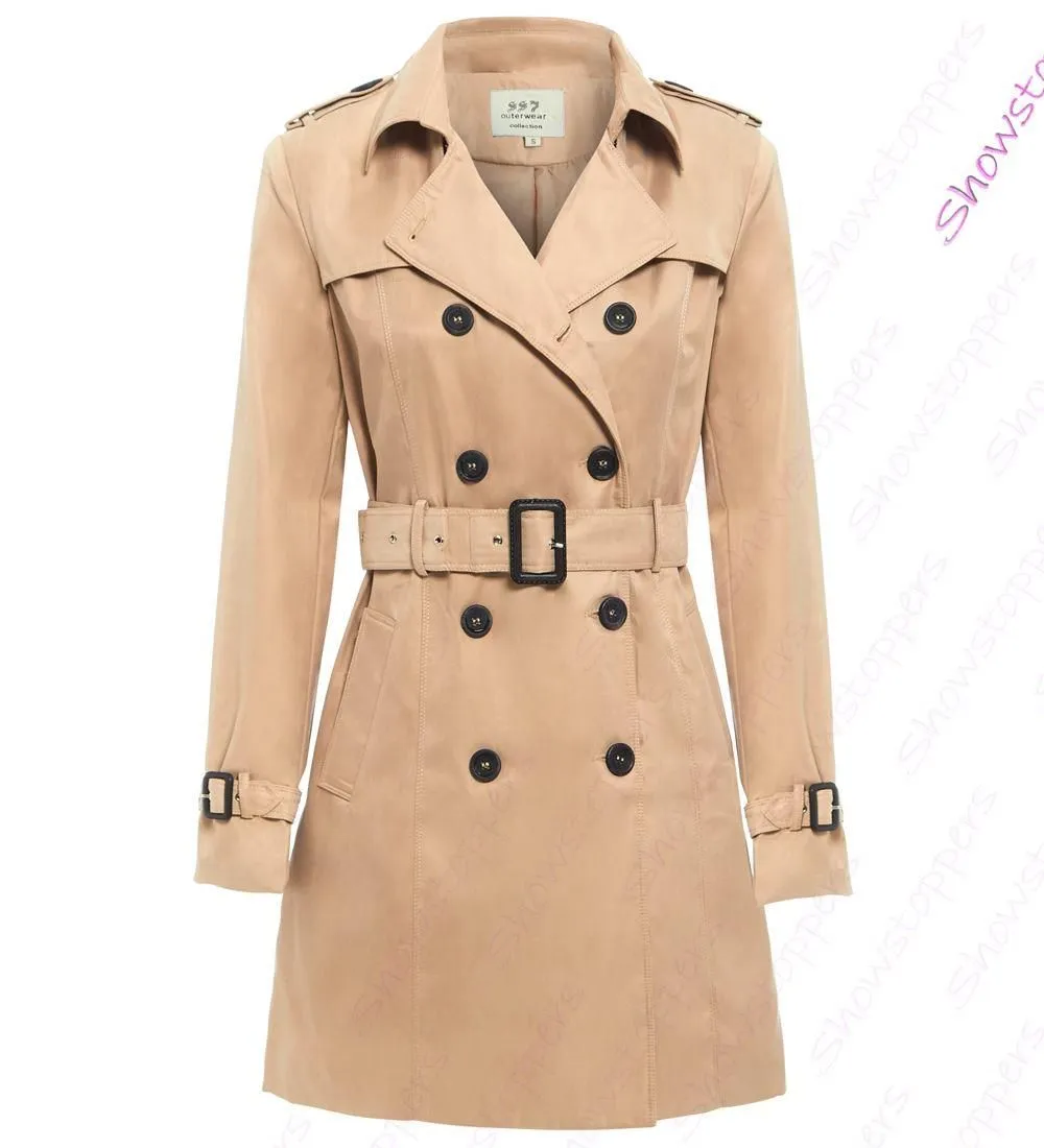 Womens double Breasted Trench Coat, Stone, Camel, black, Grey, UK Sizes 8 to 14