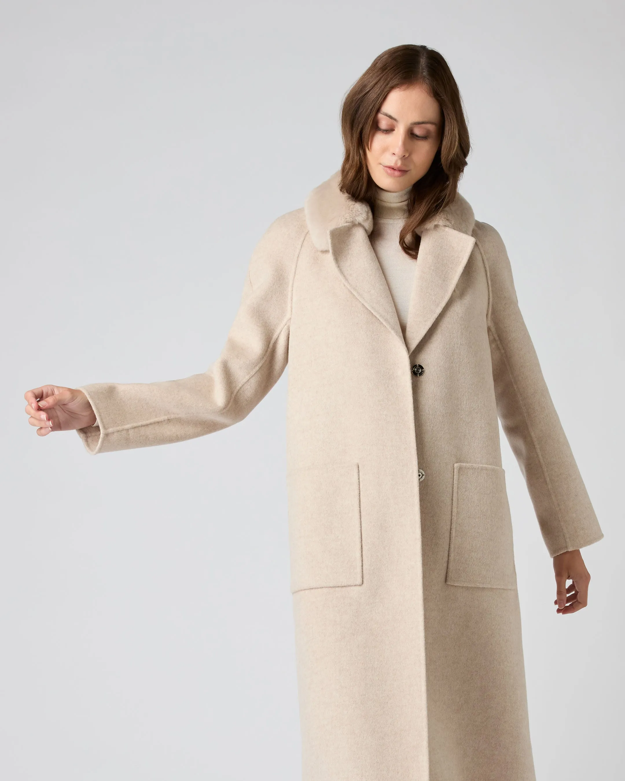 Women's Fur Collar Woven Coat Beige Brown