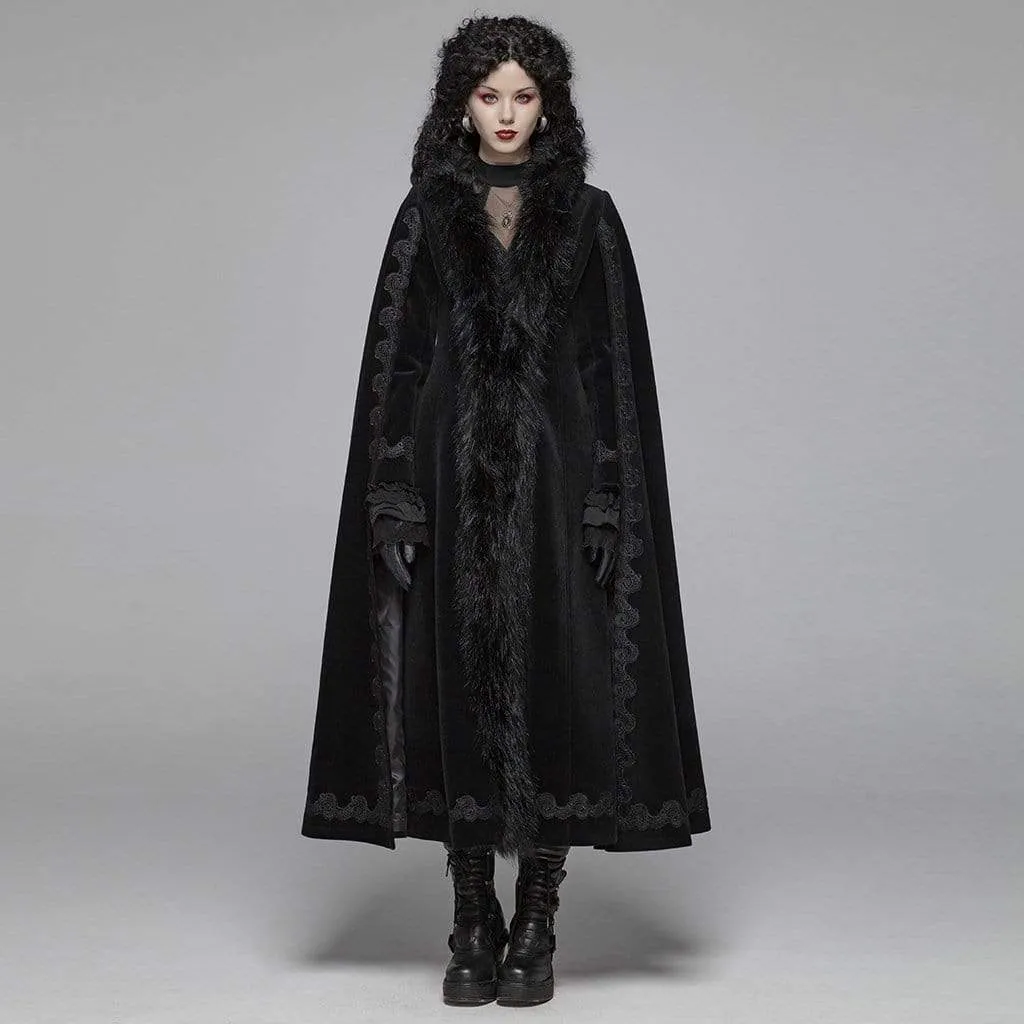 Women's Goth Embroideried Woolen Maxi Coat With Fur Collar