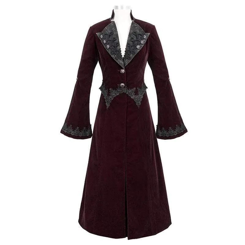 Women's Gothic Velet Large Lapel Flare Sleeve Long Coats Wine Red