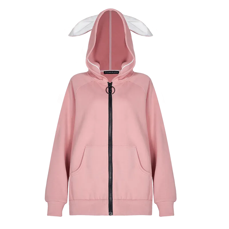 Women's Grunge Bunny Printed Long Coats With Rabbit Ear Hood