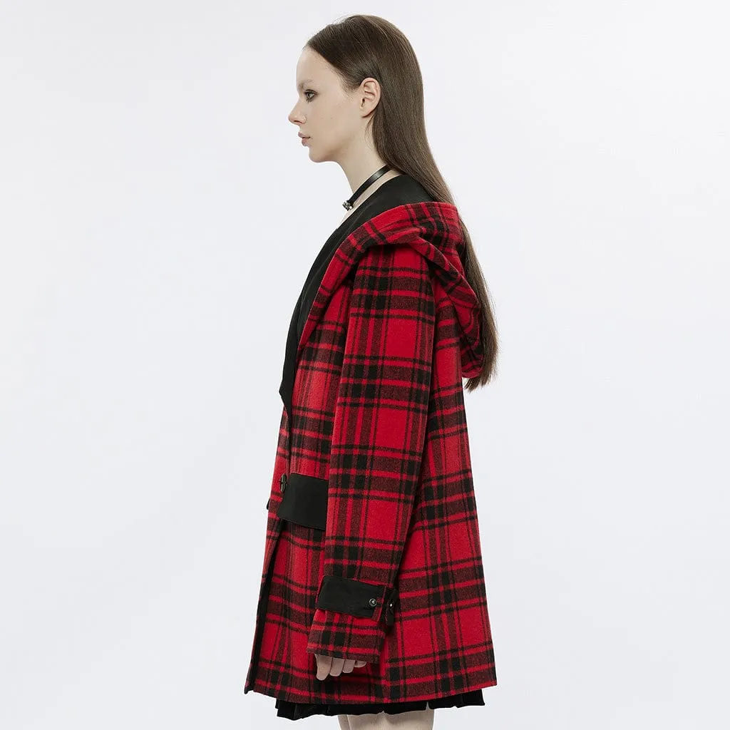 Women's Grunge Reversible Plaid Coat with Hood