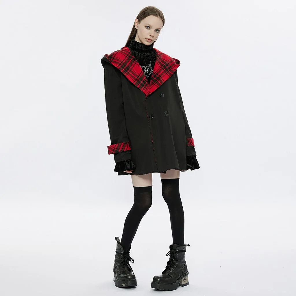 Women's Grunge Reversible Plaid Coat with Hood