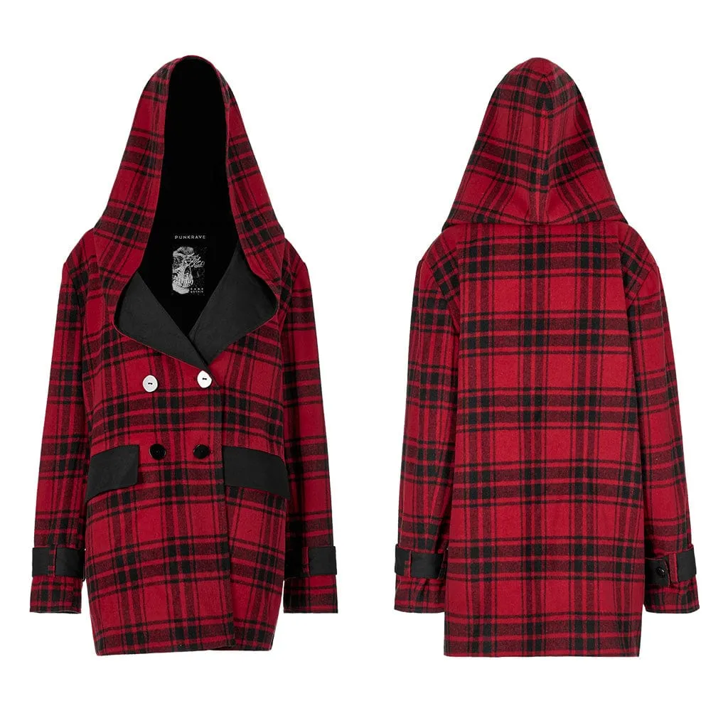 Women's Grunge Reversible Plaid Coat with Hood