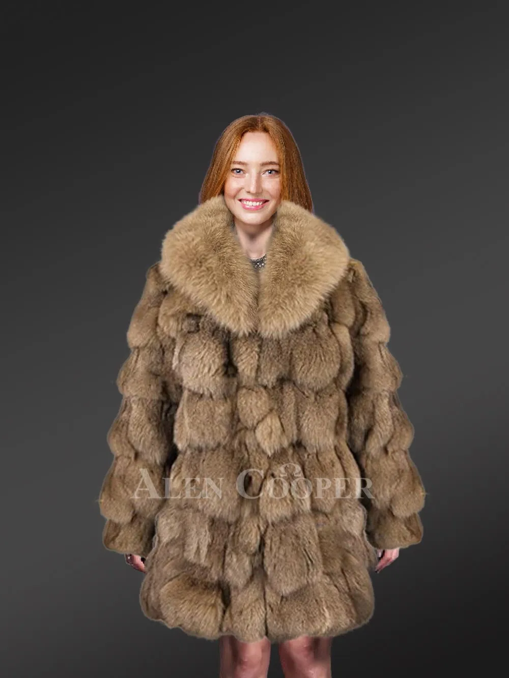 Women’s Mid Length Fox Fur coat with Fox Fur Collar in Brown