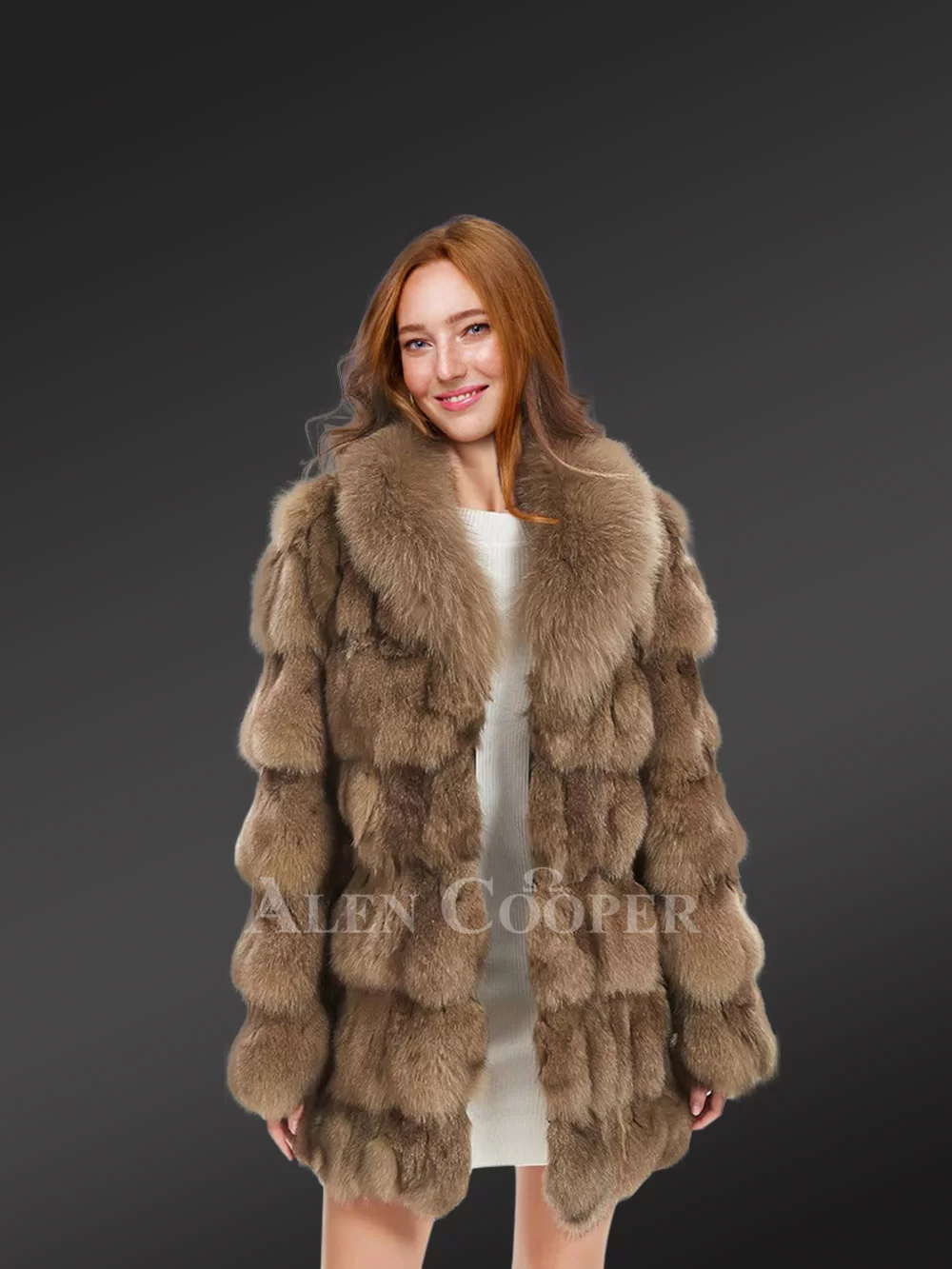 Women’s Mid Length Fox Fur coat with Fox Fur Collar in Brown