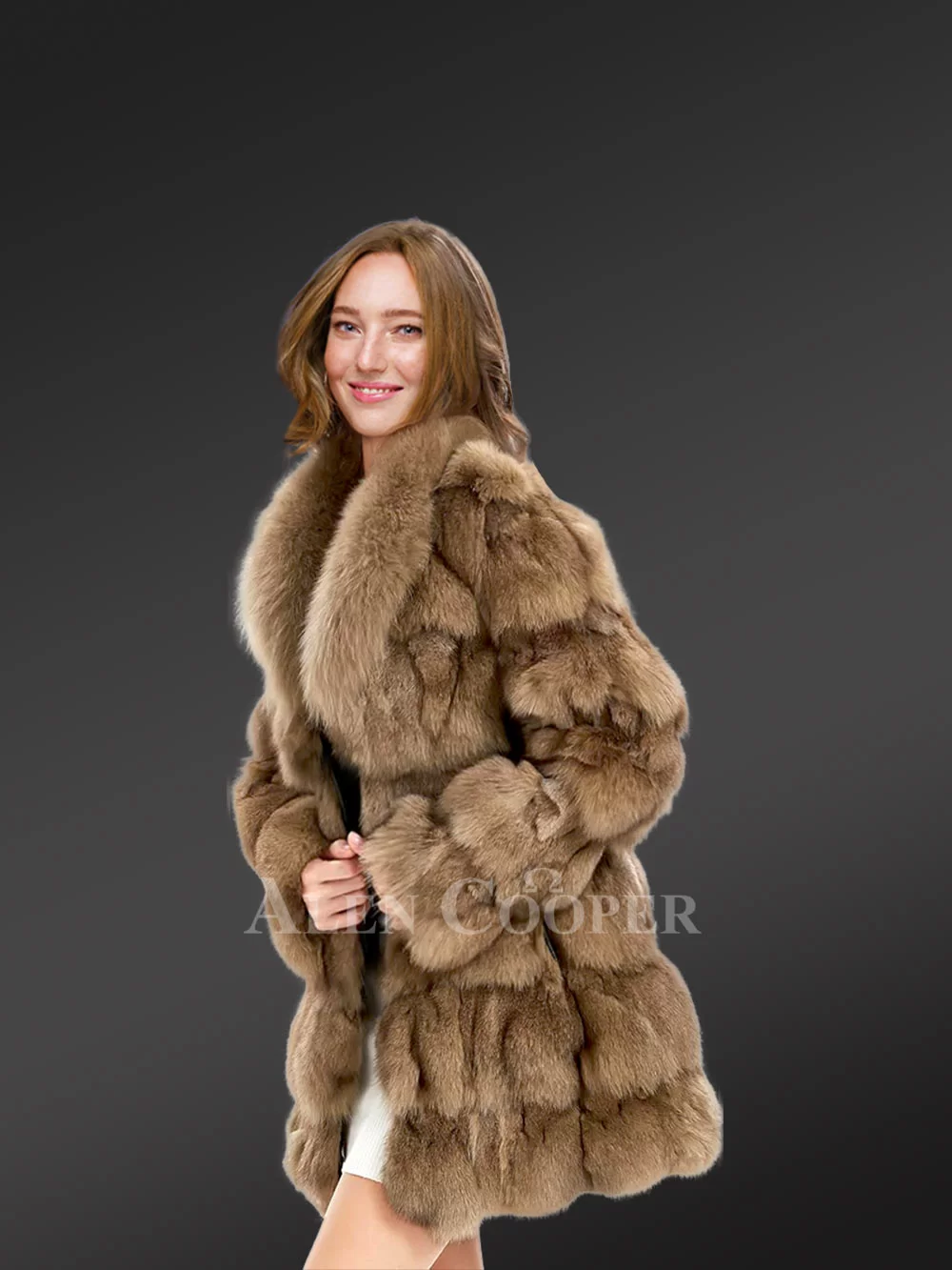 Women’s Mid Length Fox Fur coat with Fox Fur Collar in Brown