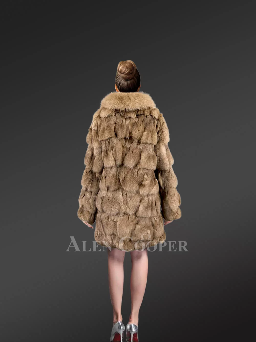 Women’s Mid Length Fox Fur coat with Fox Fur Collar in Brown