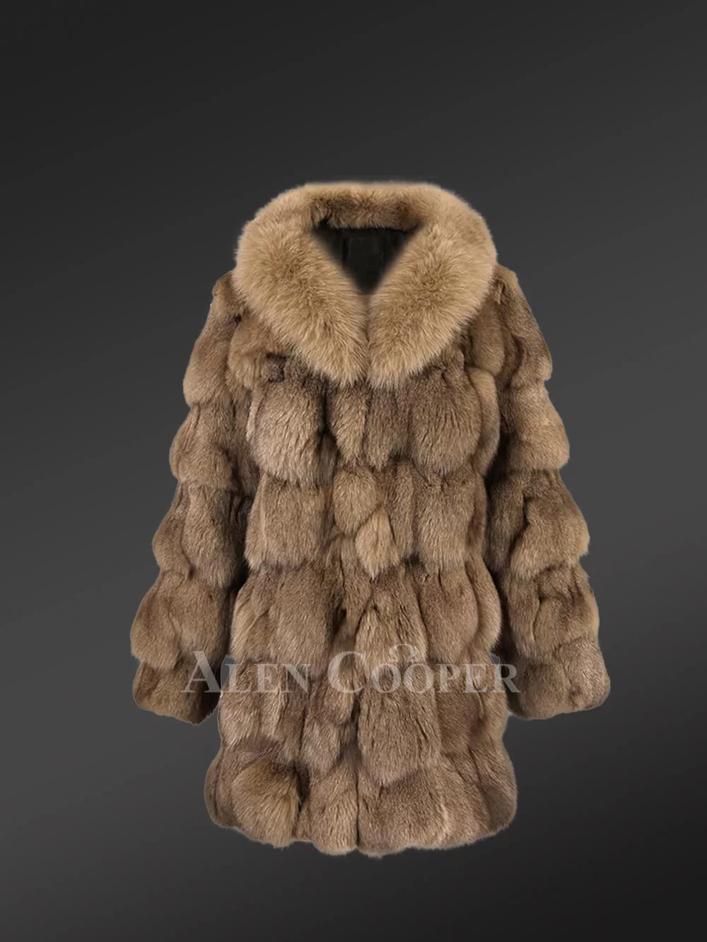 Women’s Mid Length Fox Fur coat with Fox Fur Collar in Brown