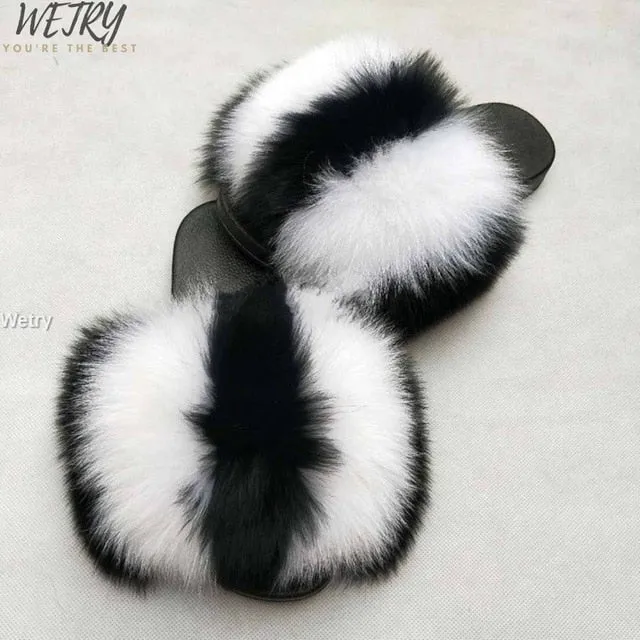 Women's  mixcolor Fur Slippers Fox Fur Sandals