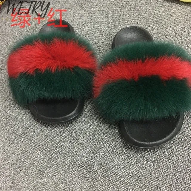 Women's  mixcolor Fur Slippers Fox Fur Sandals