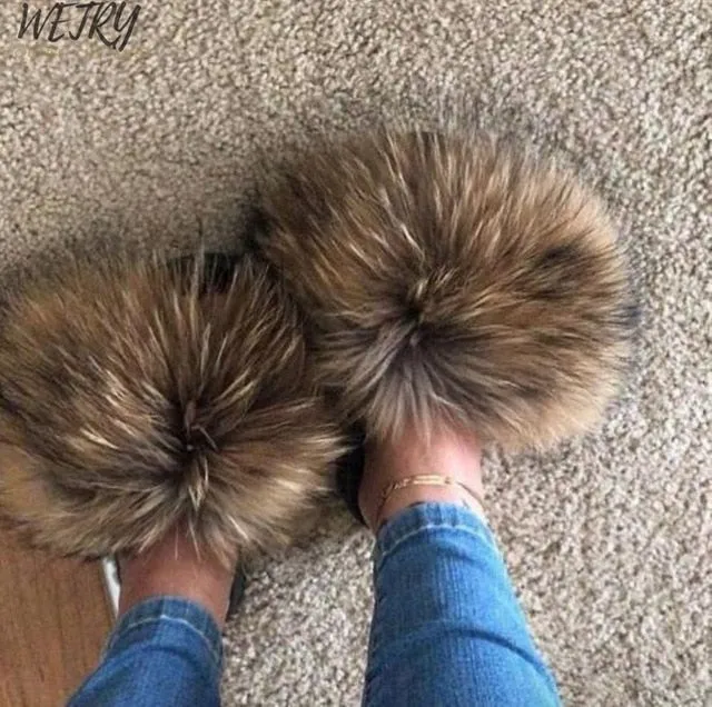 Women's  mixcolor Fur Slippers Fox Fur Sandals