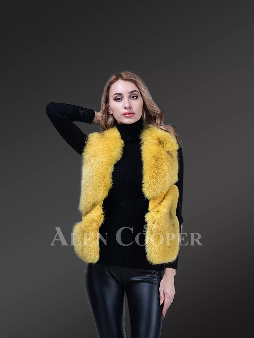 Women’s short length sleeveless genuine fox fur winter vest in yellow