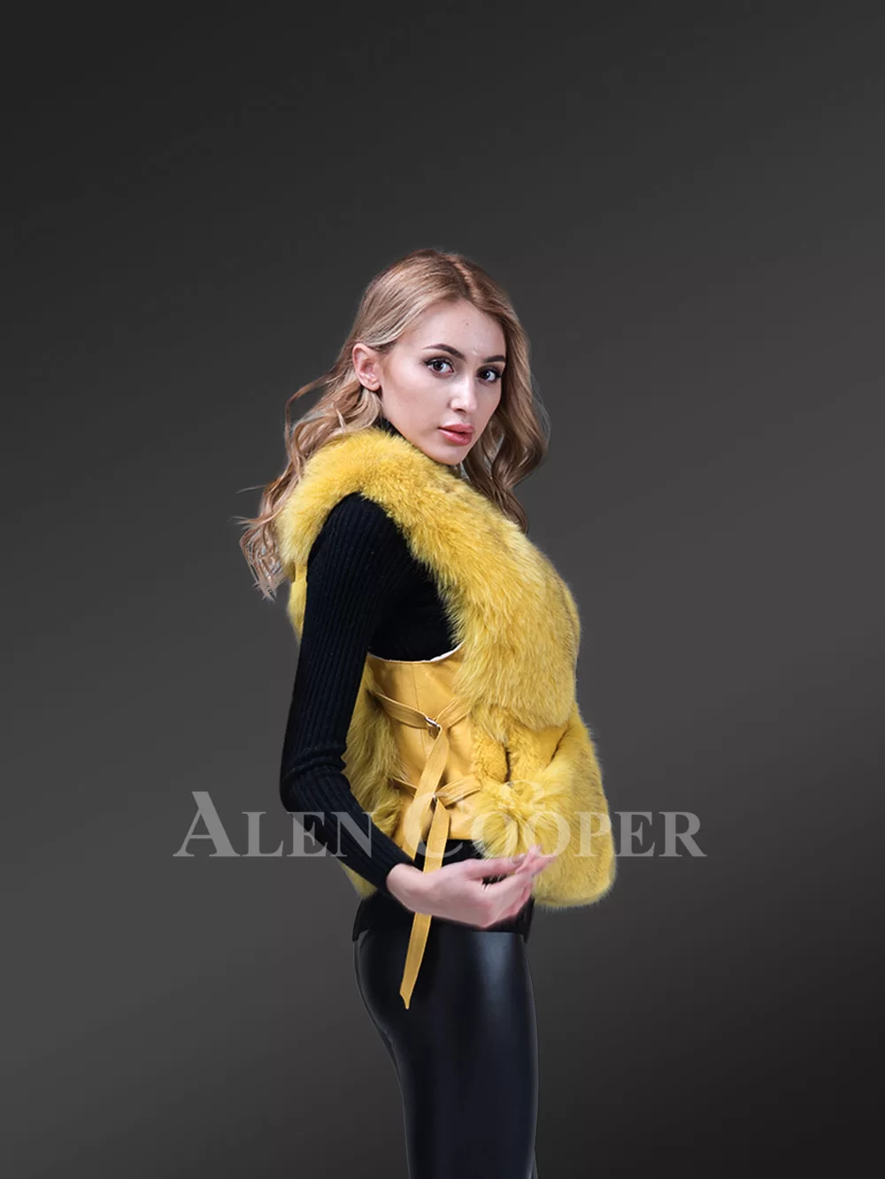 Women’s short length sleeveless genuine fox fur winter vest in yellow