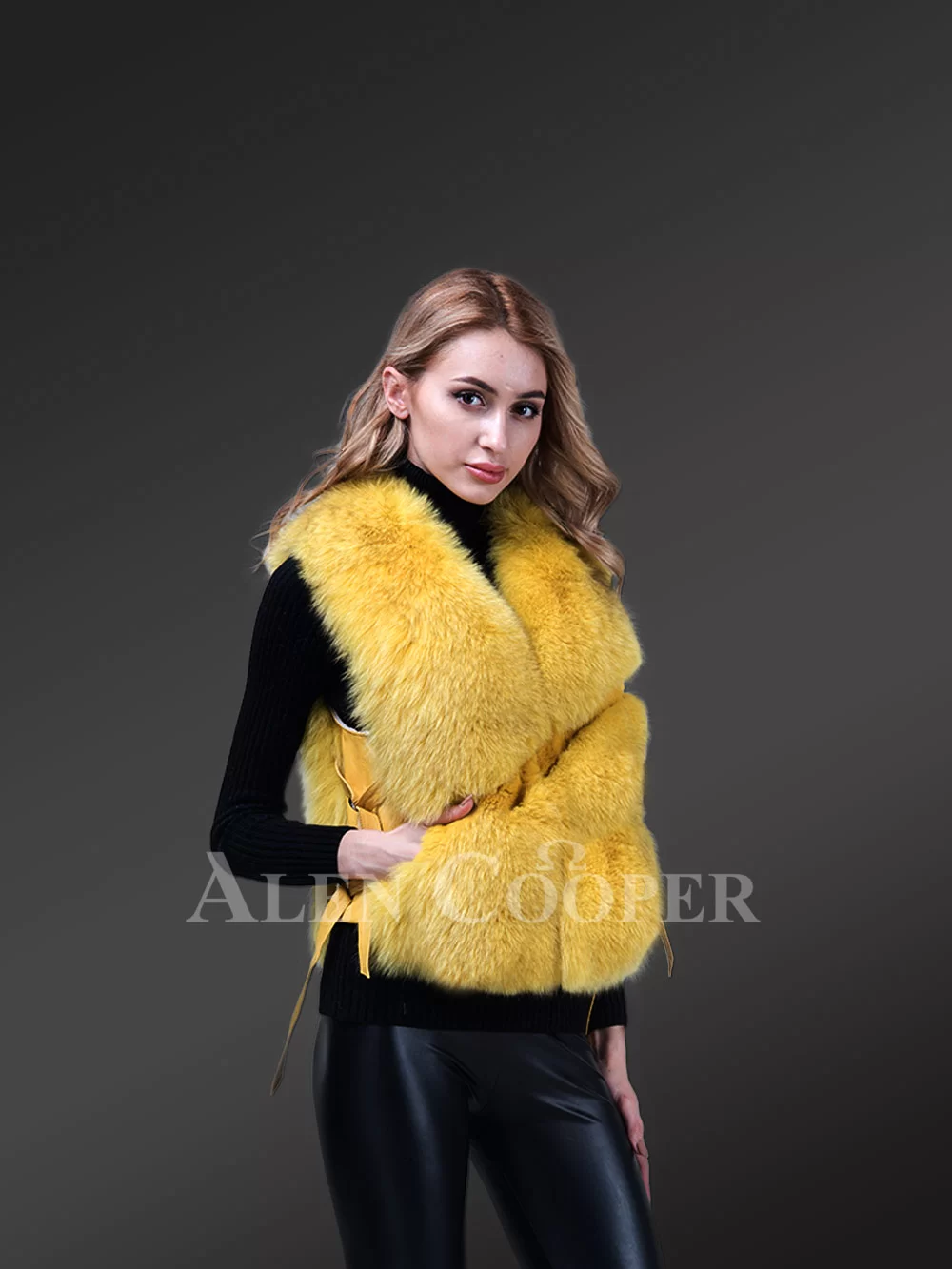 Women’s short length sleeveless genuine fox fur winter vest in yellow