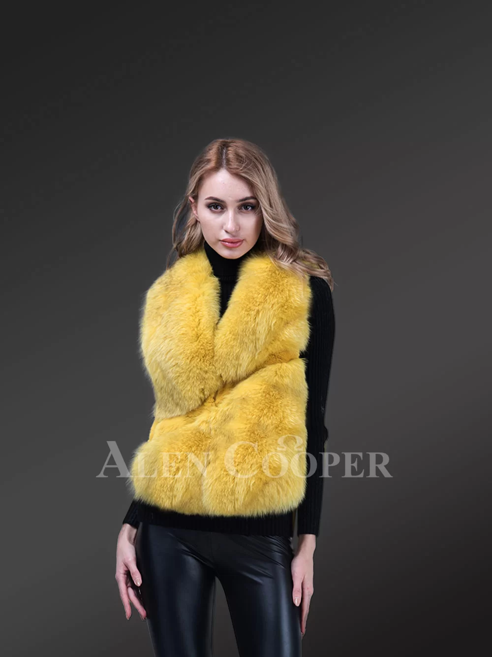 Women’s short length sleeveless genuine fox fur winter vest in yellow