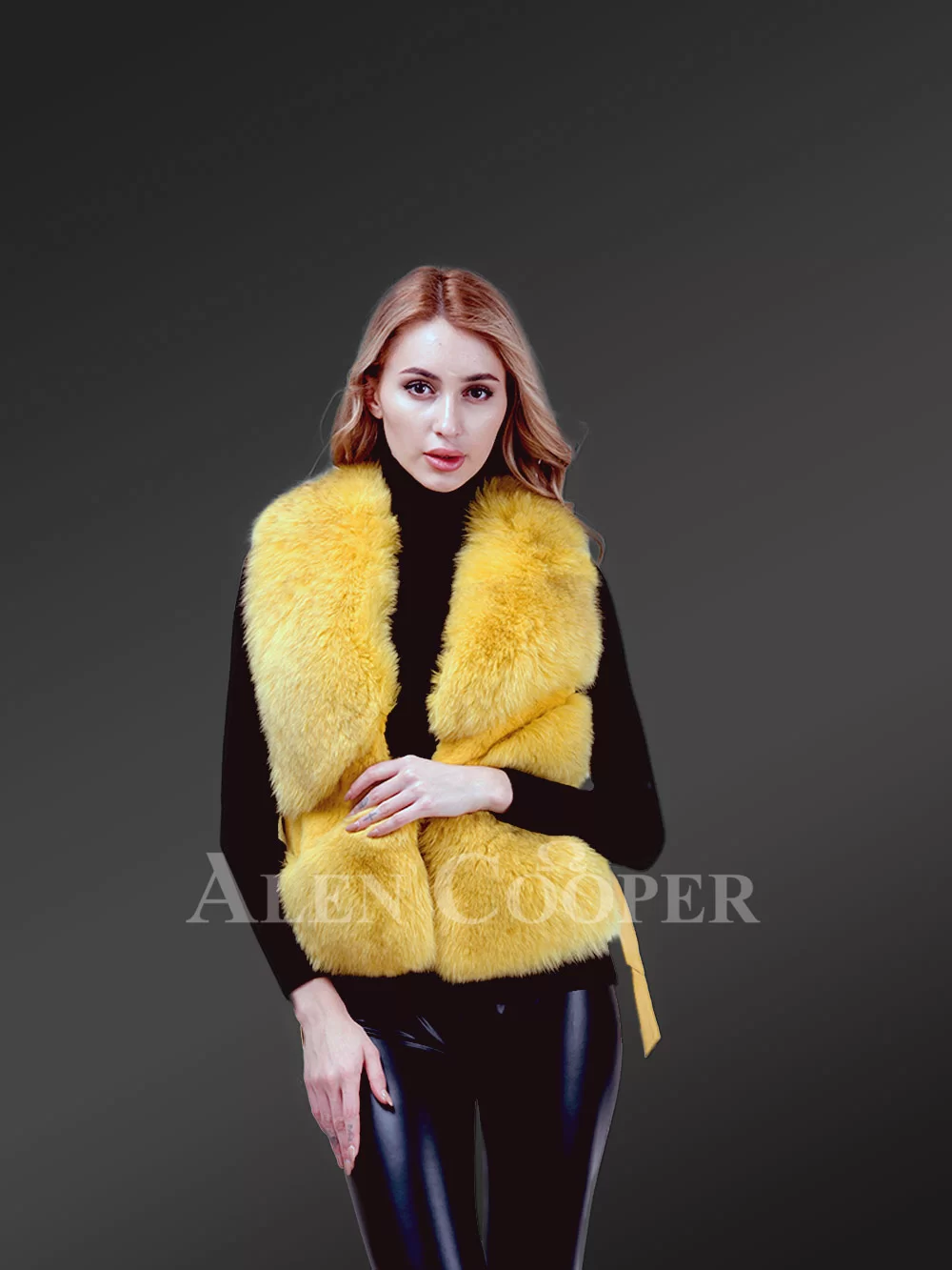 Women’s short length sleeveless genuine fox fur winter vest in yellow