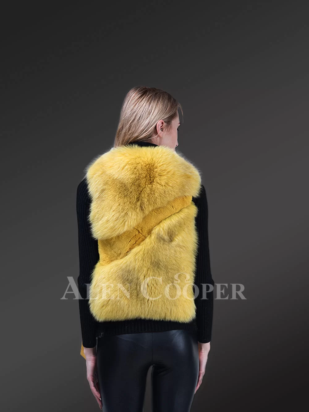 Women’s short length sleeveless genuine fox fur winter vest in yellow