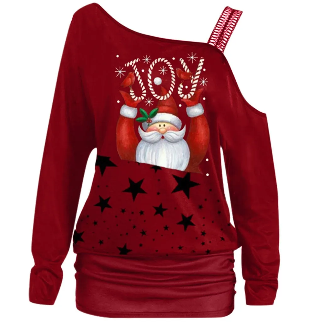 Xmas Women Coats Fashion Off Shoulder Ladies Clothes Sweatershirts Santa Claus Printed Long Sleeves Shirts Christmas Sweatshirts