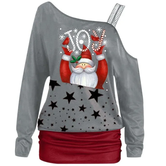 Xmas Women Coats Fashion Off Shoulder Ladies Clothes Sweatershirts Santa Claus Printed Long Sleeves Shirts Christmas Sweatshirts