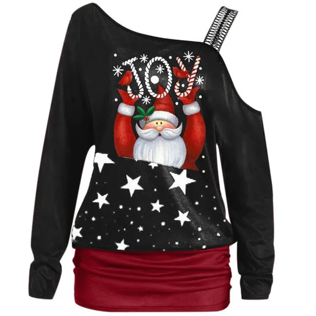 Xmas Women Coats Fashion Off Shoulder Ladies Clothes Sweatershirts Santa Claus Printed Long Sleeves Shirts Christmas Sweatshirts