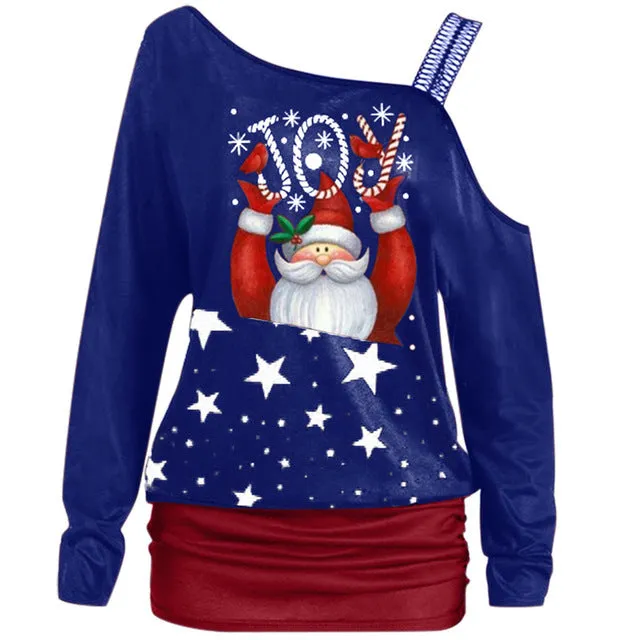 Xmas Women Coats Fashion Off Shoulder Ladies Clothes Sweatershirts Santa Claus Printed Long Sleeves Shirts Christmas Sweatshirts