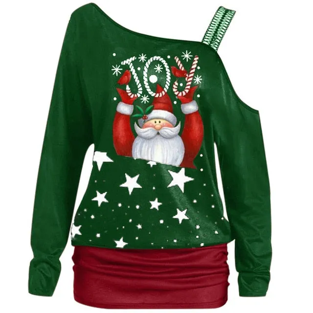 Xmas Women Coats Fashion Off Shoulder Ladies Clothes Sweatershirts Santa Claus Printed Long Sleeves Shirts Christmas Sweatshirts